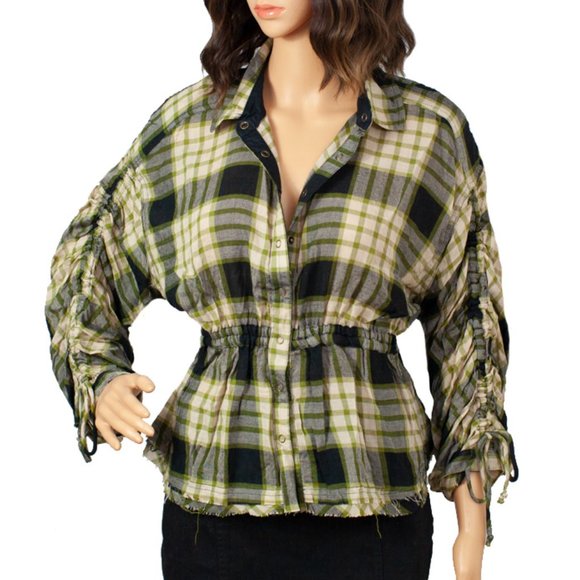 Free People Pacific Dawn Plaid Blouse XS We The Free Black Combo - Picture 1 of 6